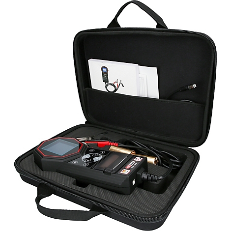 Schwarzer Koffer mit einem Diagnosegerät, Kabeln und Zubehör.